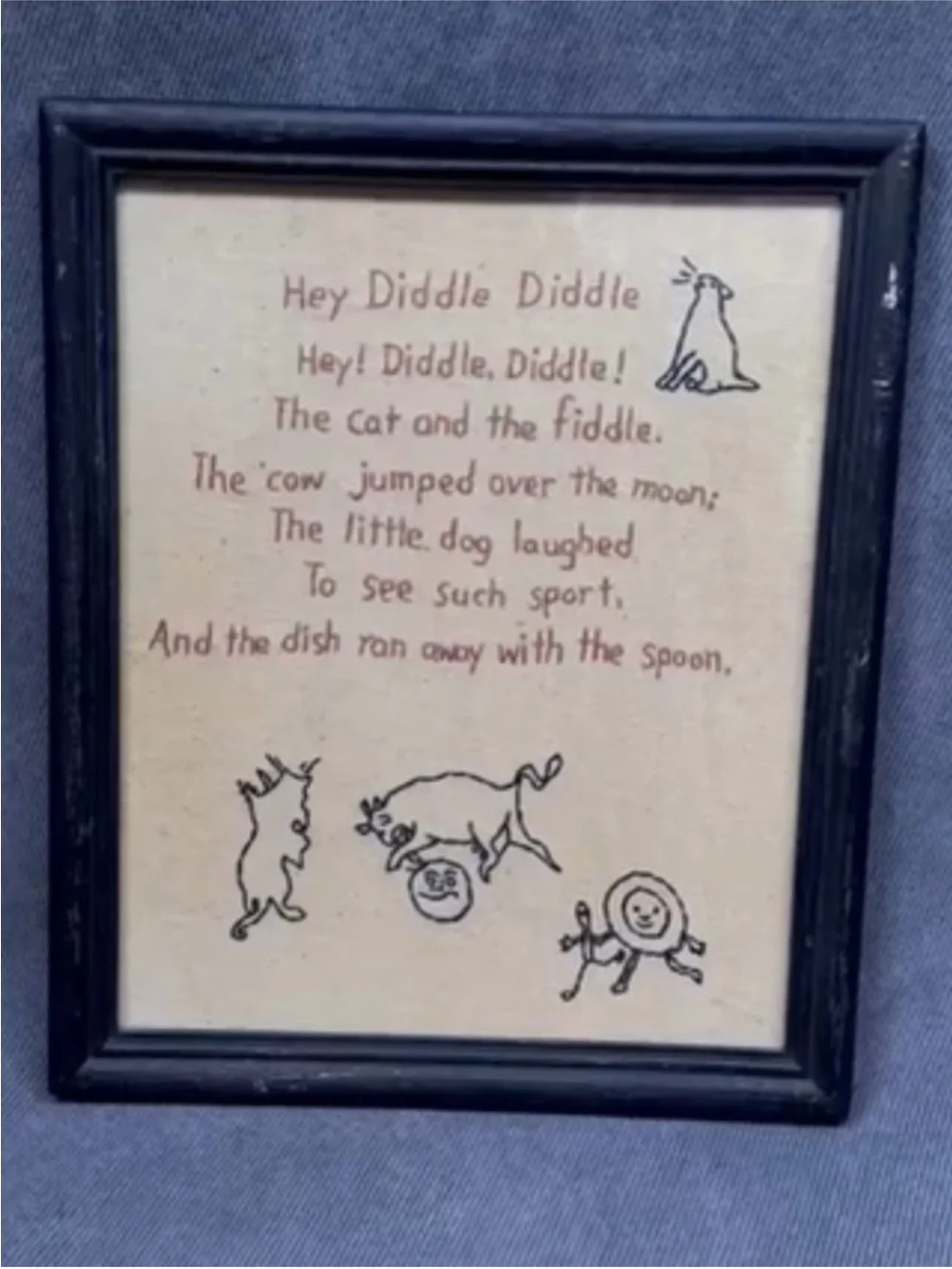 Vintage embroidered picture the cow jumped over the moon primitive